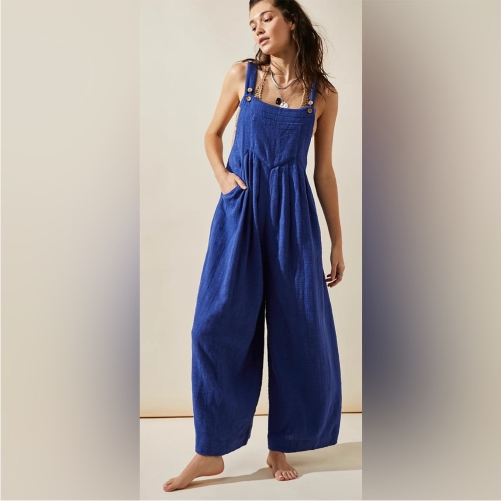 Free People free-est Sun-Drenched Wide Leg Overalls Cobalt Blue Small